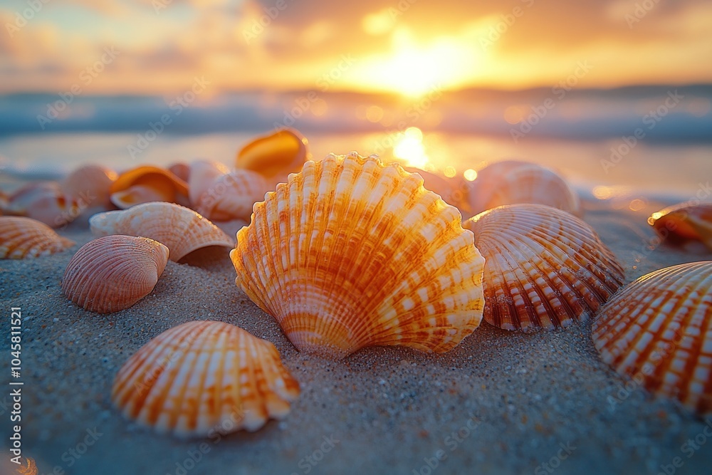 A close-up of colorful seashells on a sandy beach during a beautiful sunset. A close-up of colorful seashells on a sandy beach during a beautiful sunset.