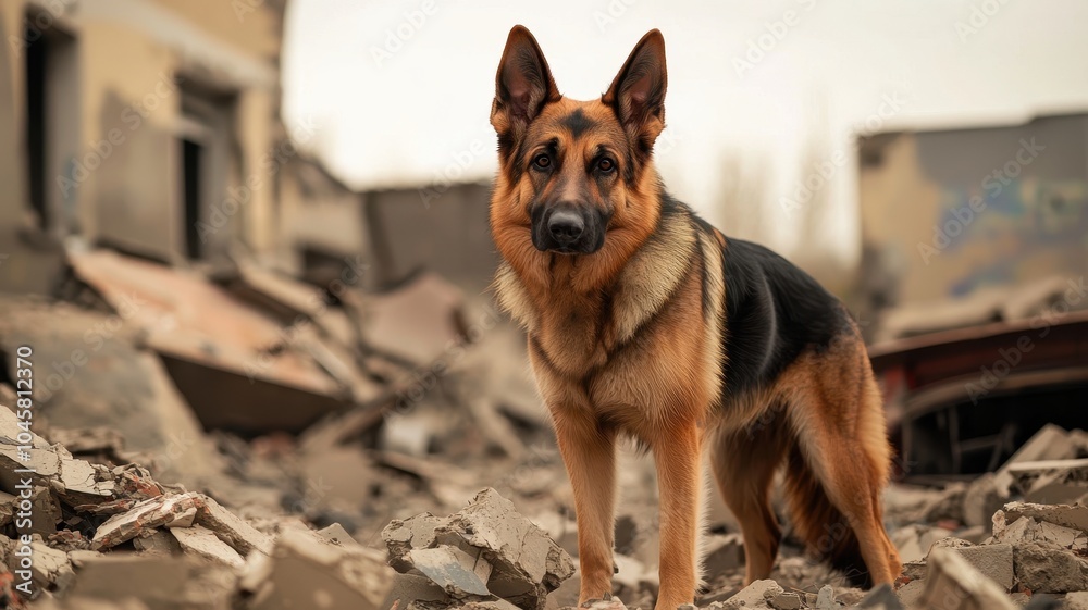German shepherd standing amidst rubble in an abandoned area.