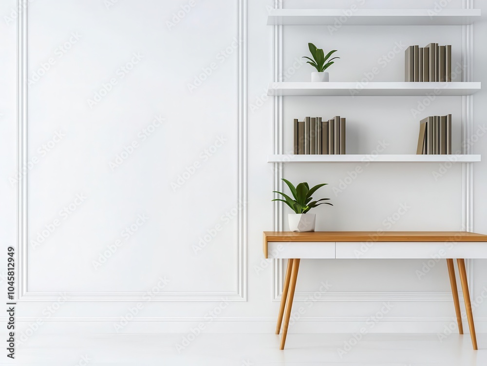 A sleek officelibrary with minimalist white shelving, a modern desk, and bare walls for a clean, uncluttered feel A sleek officelibrary with minimalist white shelving, a modern desk, and bare walls for a clean, uncluttered feel