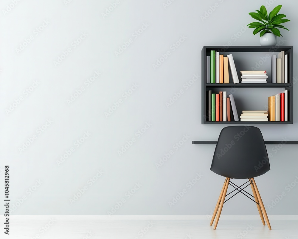 Fototapeta premium A minimalist officelibrary with monochromatic shelves, a single chair, and clean lines for a polished, clutterfree aesthetic
