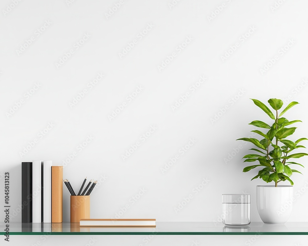 A sleek officelibrary with glass shelving, a slim desk, and soft lighting for a modern, minimalist look A sleek officelibrary with glass shelving, a slim desk, and soft lighting for a modern, minimalist look