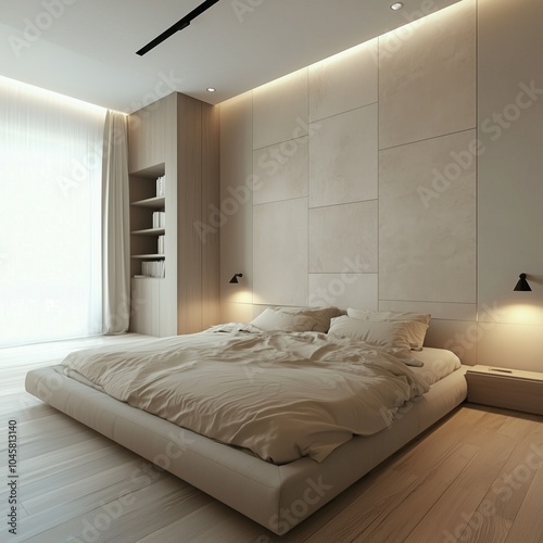 elegant minimalist bedroom design with neutral tones and sophisticated ambiance photo