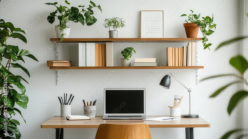A small libraryoffice with minimalist metal shelves, a compact desk, and neutral colors, offering a functional and organized workspace A small libraryoffice with minimalist metal shelves, a compact desk, and neutral colors, offering a functional and organized workspace