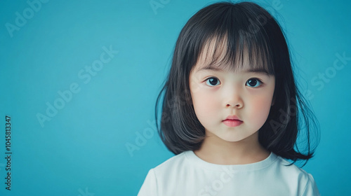 Young girl with long black hair and a white shirt. She is looking at the camera. The image has a calm and peaceful mood