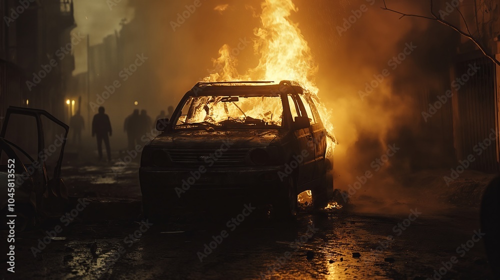 Obraz premium Intense urban inferno at night - burning car in mysterious backdrop for film and drama design