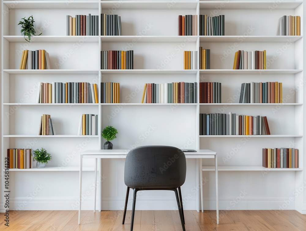 A bright, airy officelibrary with sleek, minimalist bookshelves and a compact desk for a functional yet simple design A bright, airy officelibrary with sleek, minimalist bookshelves and a compact desk for a functional yet simple design