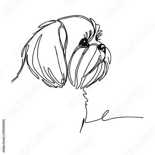 A simple continuous line drawing of a dog of the breed Shih Tzu. The artwork is minimalistic, capturing the essence of the object with a single unbroken line