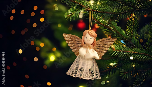 fir tree twigs hold small christmas angel decoration holiday backgrounds scenes tonight