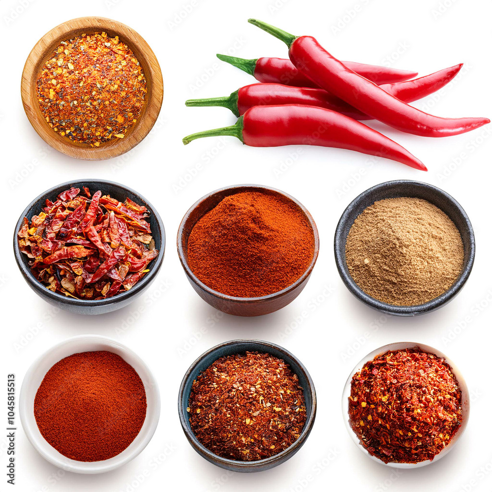 Fototapeta premium Set of chili, chili flakes, chili powder, isolated on white background,