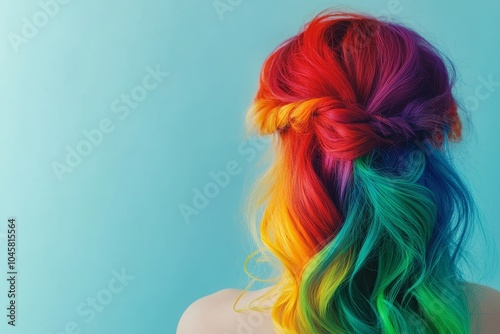 A vibrant rainbow hairstyle with cascading waves, showcasing a blend of colors, creativity, and individuality, symbolizing self-expression, freedom, and a celebration of unique beauty.