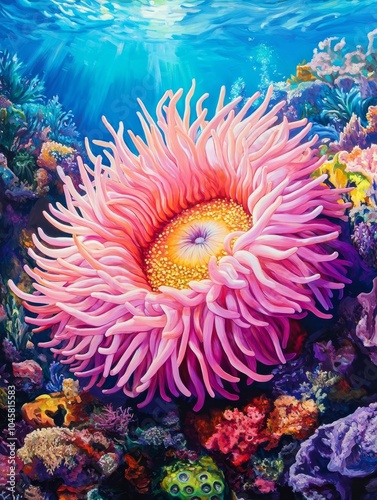 A vibrant pink sea anemone gracefully blooms in a colorful coral reef, showcasing the beauty and diversity of marine life. This image represents underwater wonder, delicate beauty, vibrant life, symbi photo