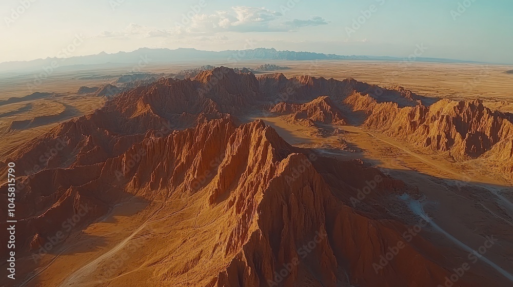 Naklejka premium Aerial view of a vast, red-rock desert landscape, with mountains and valleys stretching out into the distance. The setting sun casts a warm glow over the scene.