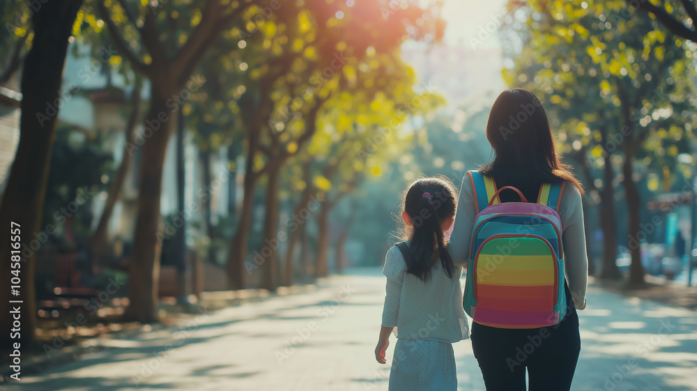 Obraz premium A cute Asian girl with a backpack, happily walking beside her mother