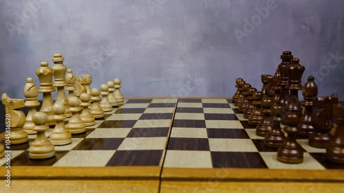 Chess plain board wooden set Match is ready to begin Camera dolly nice copy space