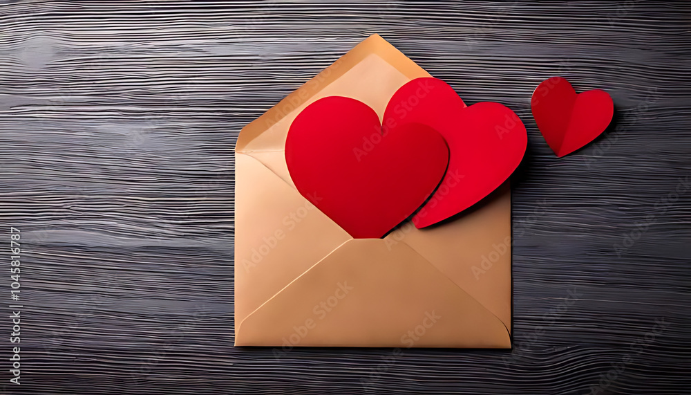 two red paper hearts sent envelope gray wooden background expressing love affection someone special