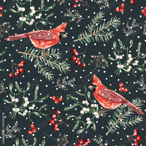 Christmas seamless pattern, cardinal birds, fir twigs, red berries, mistletoe, snow, black night background. Vector illustration. Nature design. Season greeting. Winter holidays