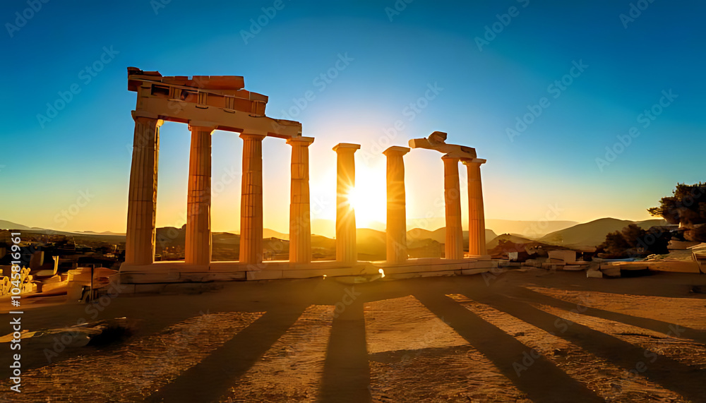 Fototapeta premium warm sunlight filters ancient greek columns sunset vast blue sky backdrop