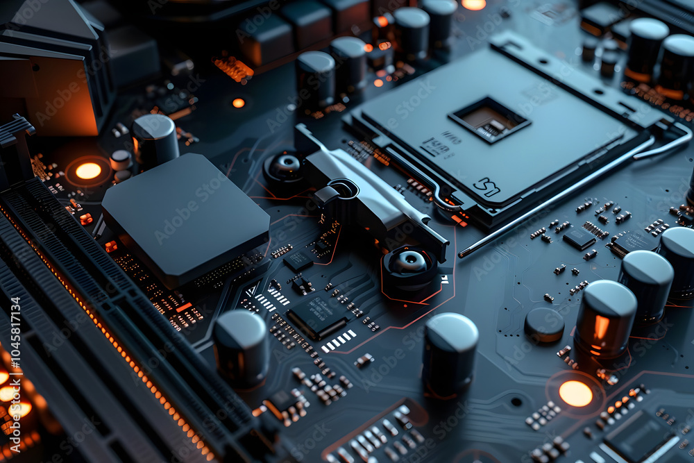 Fototapeta premium hightech computer components on black motherboard convey futuristic innovation