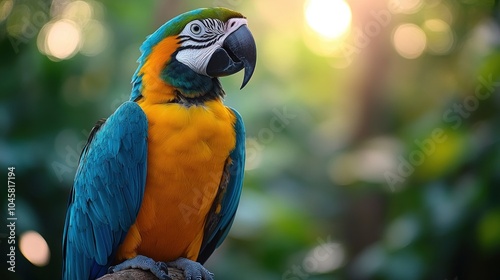 A vibrant macaw perched on a branch amidst a lush, blurred background of greenery.
