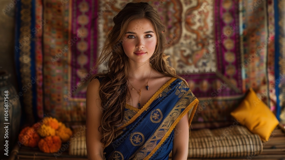 Fototapeta premium Beautiful Woman in Traditional Attire with Wavy Hair