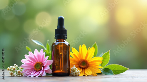 An amber dropper bottle with a black cap surrounded by pink and yellow flowers, set against a natural outdoor backdrop.