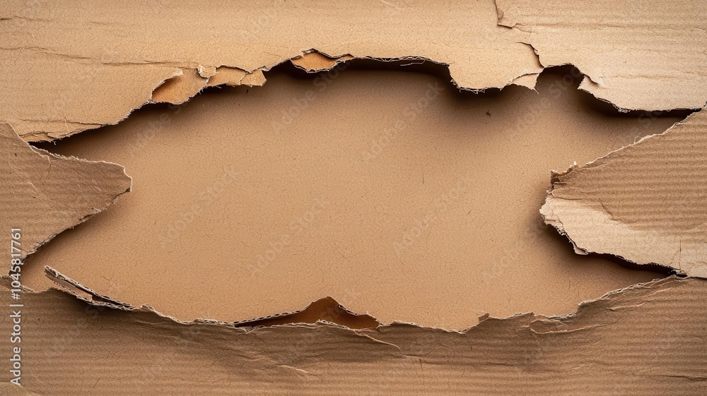 Torn brown cardboard showing raw corrugated layers, rustic aesthetic, recycling