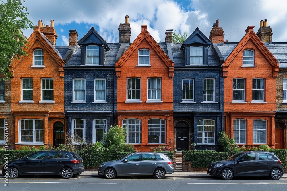 Row of colorful brick houses with black trim and cars parked in front. Row of colorful brick houses with black trim and cars parked in front.