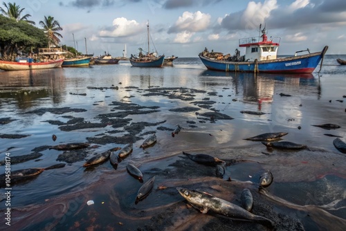 Oil slick spreads across ocean surface impacting marine life near fishing boats. Generative AI