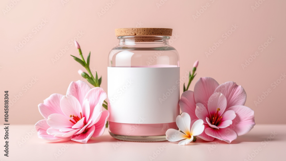 A glass jar with a cork lid surrounded by delicate pink flowers on a pastel pink background. A glass jar with a cork lid surrounded by delicate pink flowers on a pastel pink background.