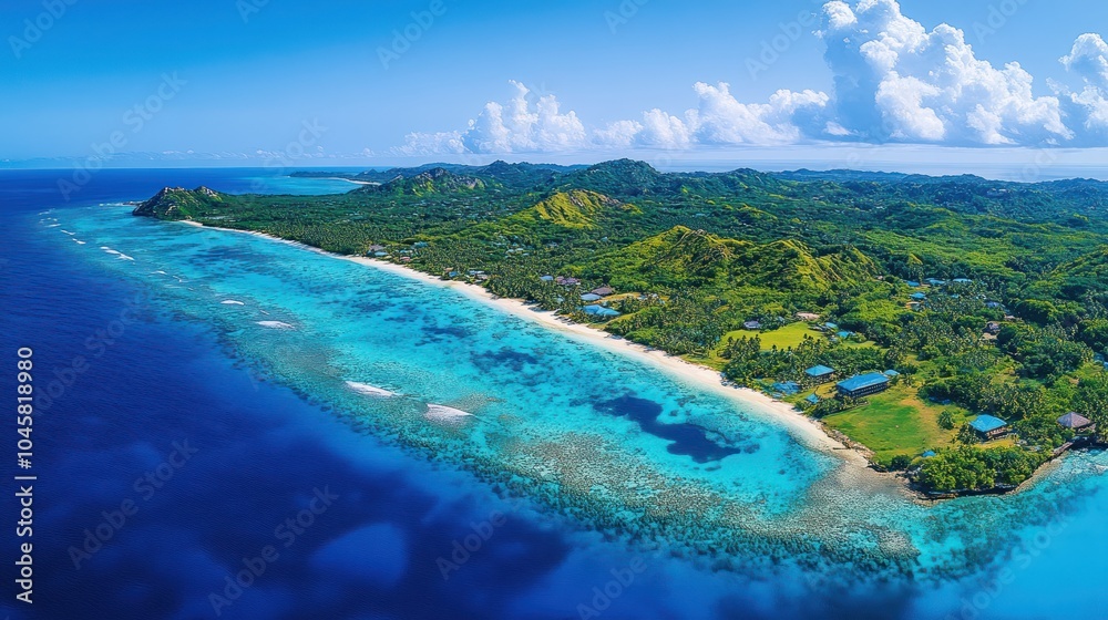 Fototapeta premium An aerial view of a tropical island with a white sandy beach, lush green vegetation, and turquoise water.