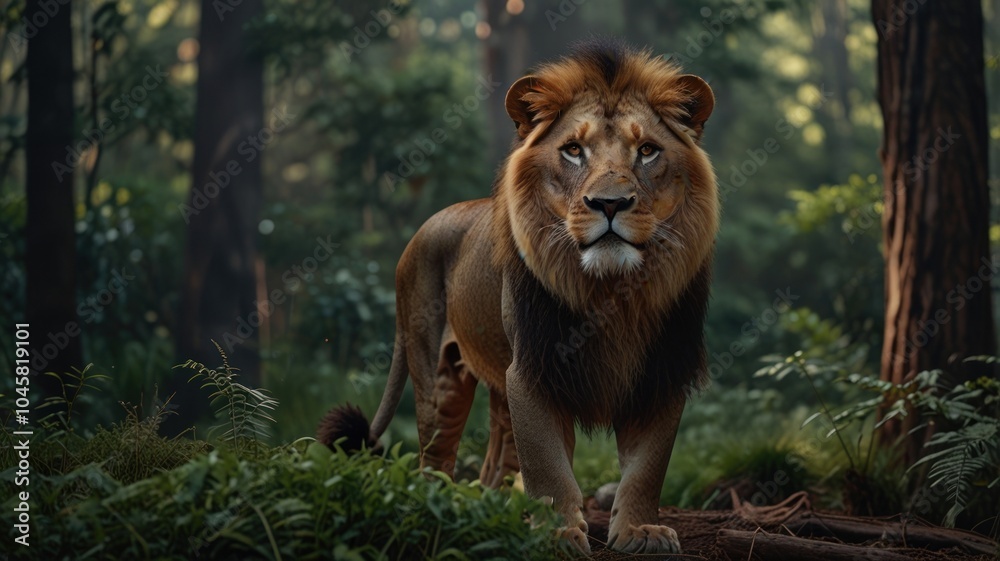 Naklejka premium A majestic male lion stands in a lush green forest, gazing directly at the camera with a powerful presence.