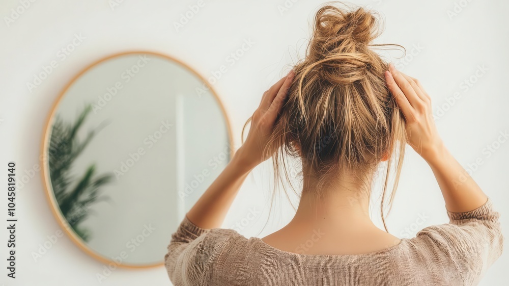 Fototapeta premium Woman in her 40s standing in front of a mirror, birthday dress on, adjusting her hair
