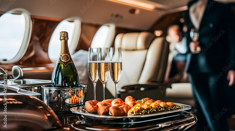 Business Class Bliss: A view of champagne being served to passengers on a luxurious private jet, representing elite travel experiences. Business Class Bliss: A view of champagne being served to passengers on a luxurious private jet, representing elite travel experiences.