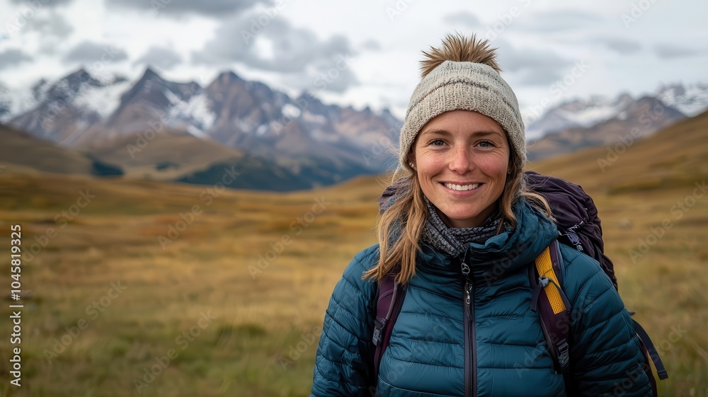 Woman turning 45 enjoying a solo hike, mountain landscape in the background Woman turning 45 enjoying a solo hike, mountain landscape in the background