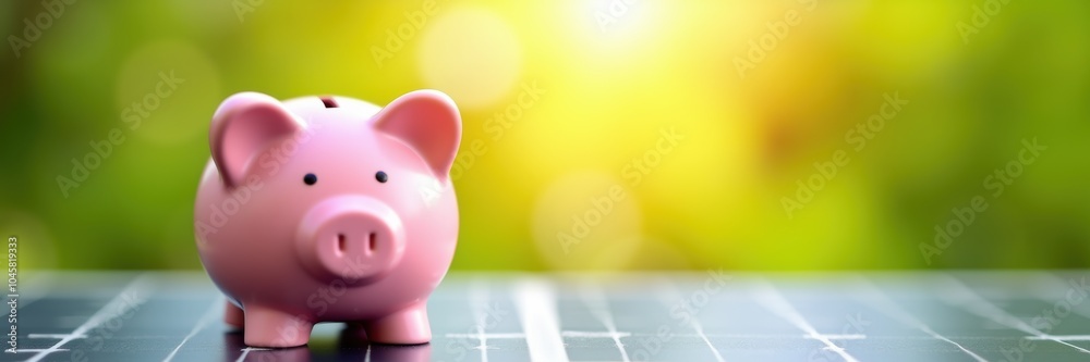 A charming pink piggy bank stands on a solar panel background, symbolizing savings, finance, and eco-friendly investments. Perfect for financial and environmental themes. A charming pink piggy bank stands on a solar panel background, symbolizing savings, finance, and eco-friendly investments. Perfect for financial and environmental themes.