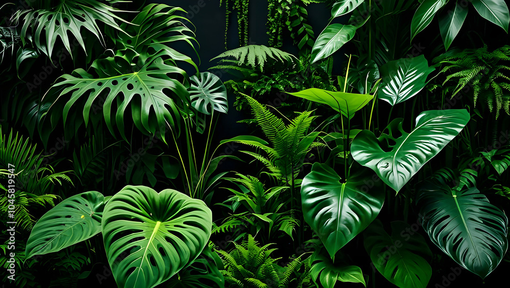 Lush tropical scene with dark green plants surrounded by vibrant anthurium leaves and rich foliage. Lush tropical scene with dark green plants surrounded by vibrant anthurium leaves and rich foliage.