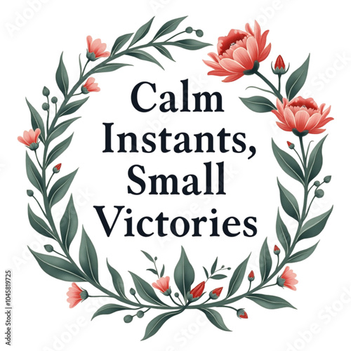 A motivational quote calm instants small victores is framed by delicate floral elements photo