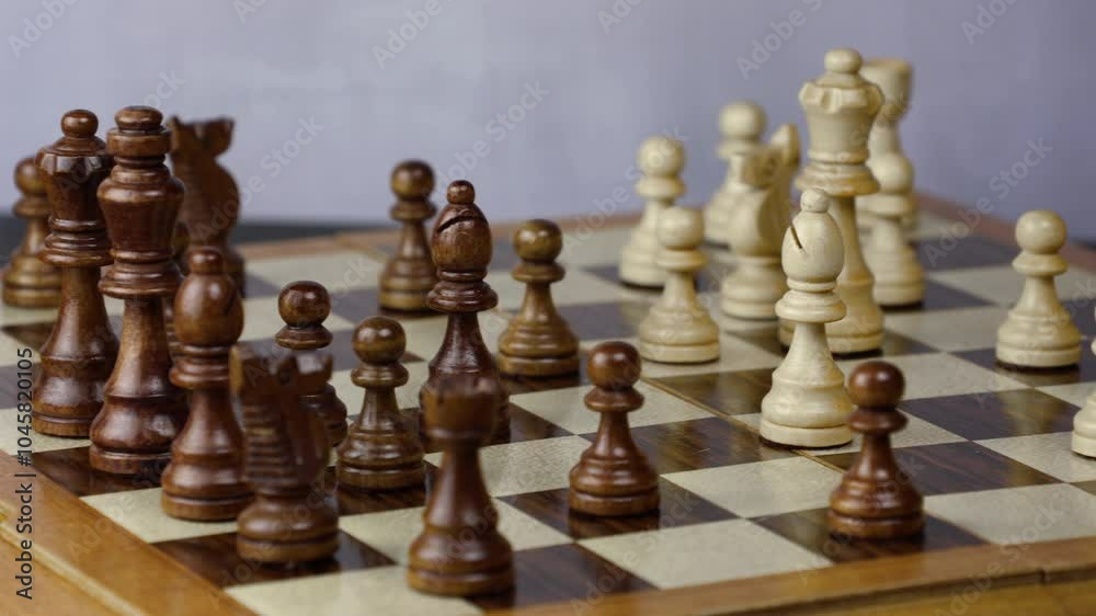 Game is on! Middle of a chess match master black and white figures board Game is on! Middle of a chess match master black and white figures board