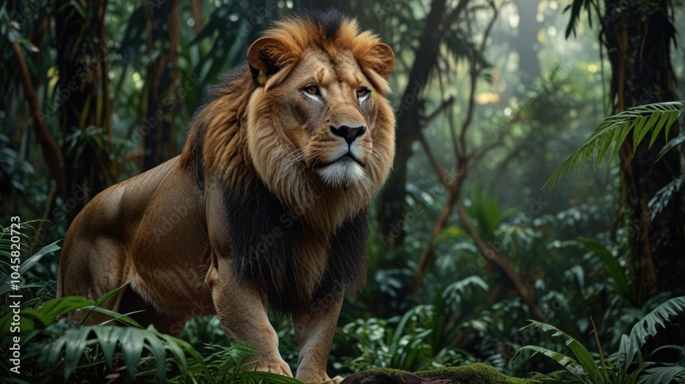Fototapeta premium A majestic lion stands proudly in a lush green jungle, its powerful presence commanding respect.
