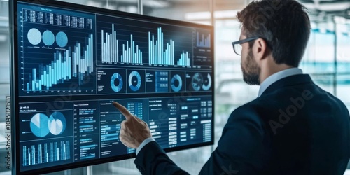 A businessman is looking at a dashboard that shows key business information. This dashboard uses charts and graphs to track earnings, operations, and sales data.