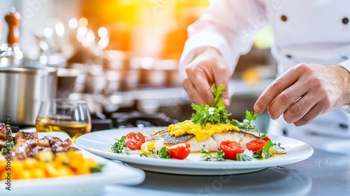 Wallpaper Mural  Chef colocando hierbas frescas sobre un plato de comida gourmet en una cocina de restaurante. La imagen resalta la atención al detalle y el arte culinario.

 Torontodigital.ca