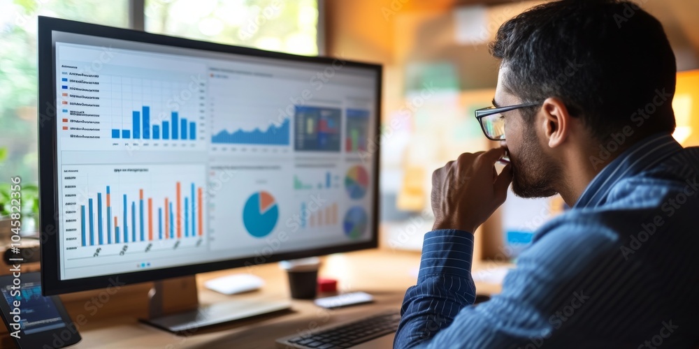 A businessman is looking at a dashboard that shows key business information. This dashboard uses charts and graphs to track earnings, operations, and sales data. A businessman is looking at a dashboard that shows key business information. This dashboard uses charts and graphs to track earnings, operations, and sales data.