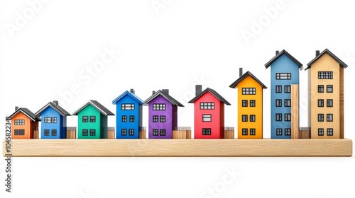 Pequeñas casas de colores en una fila sobre una base de madera, simbolizando el mercado inmobiliario y la diversidad en viviendas.

