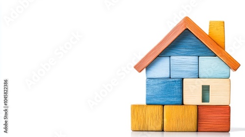 Casa construida con bloques de madera de colores sobre fondo blanco. Representa creatividad y simplicidad en el diseño.

