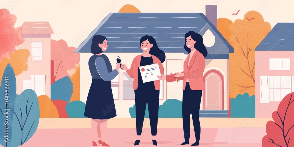 Fototapeta premium A businesswoman is giving keys to happy customers after they signed papers to buy a house.