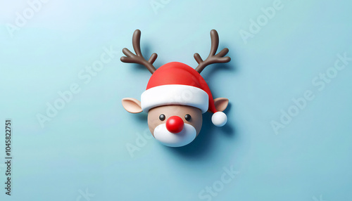 ChristmasGreeting template, Rudolph face in 3d Santa hat, sky blue background