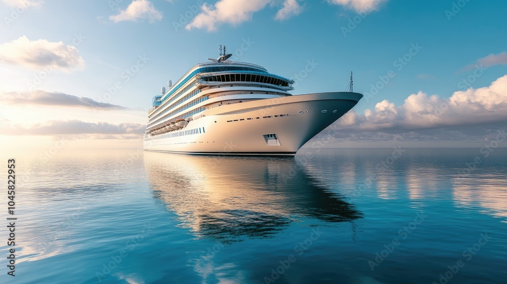 The exterior of a luxury cruise ship reflecting on calm waters, with a design that symbolizes wealth. No people. The exterior of a luxury cruise ship reflecting on calm waters, with a design that symbolizes wealth. No people.