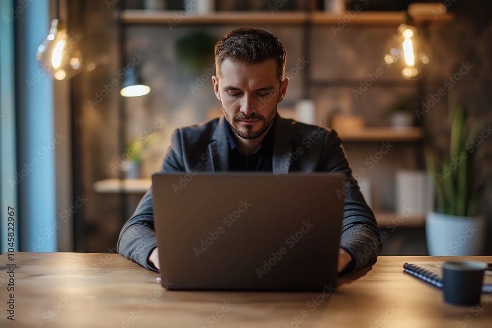 A man is sitting at a desk with a laptop in front of him A man is sitting at a desk with a laptop in front of him