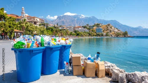  Contenedores azules repletos de basura y cajas en una zona costera con montañas al fondo. La imagen ilustra la contaminación en áreas turísticas.

 photo