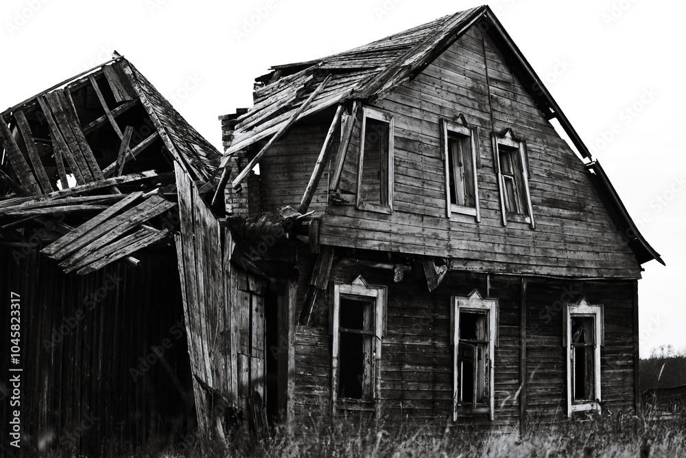 Obraz premium A historic home's exterior in grayscale.